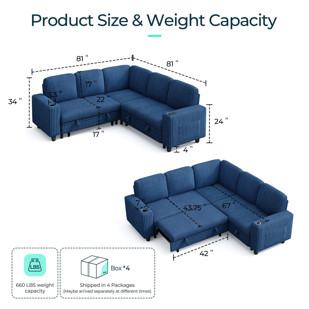 Linsy Home Storage Sectional Sleeper Sofa with Pull Out Bed, 9 Seat Modular Sectional Sofa with with USB & Cup Holder, Plush Corduroy Sectional Couches for Living Room, Green