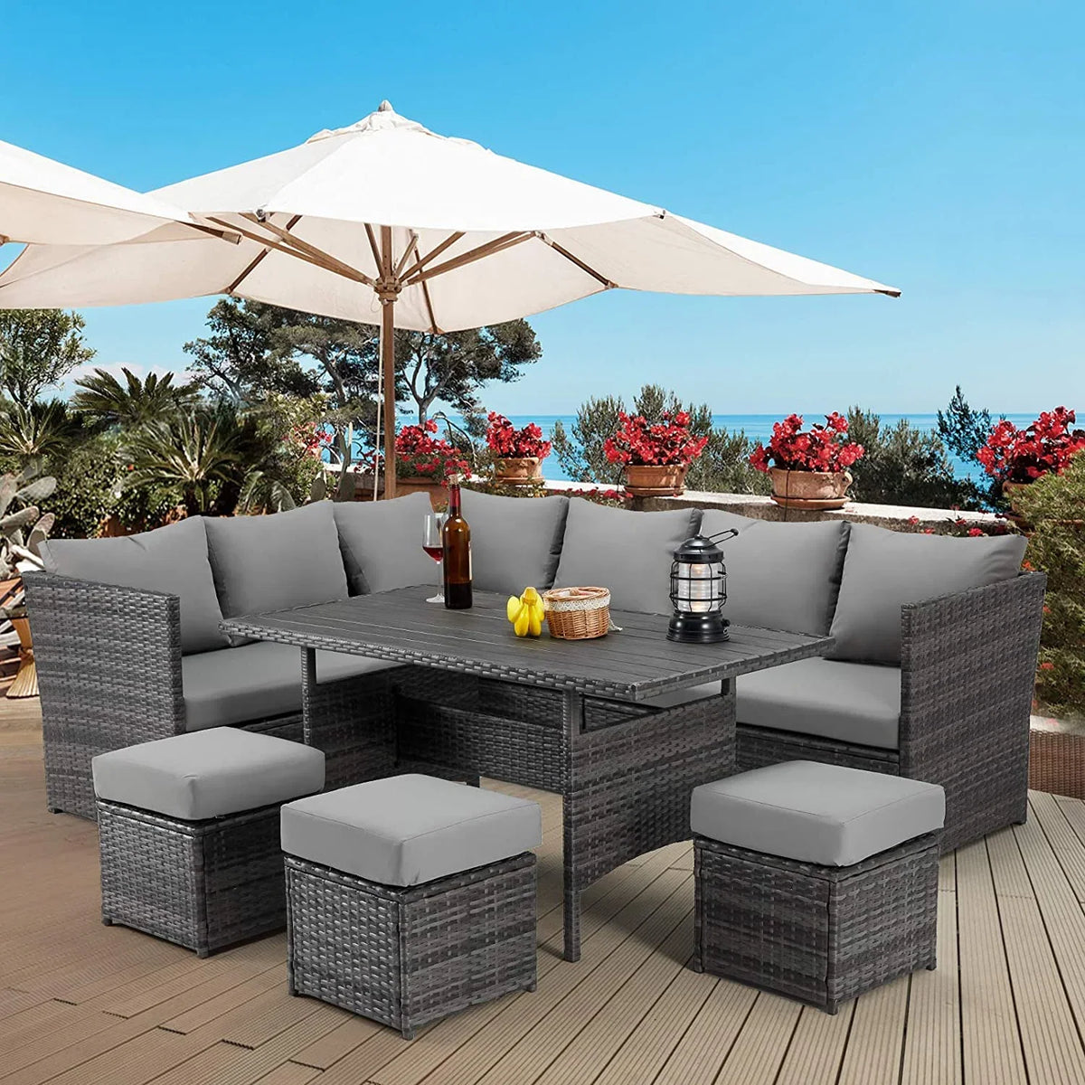 AECOJOY Outdoor 7-Piece Rattan Wicker Sectional Sofa Couch, Patio Dining Conversation Set, Gray
