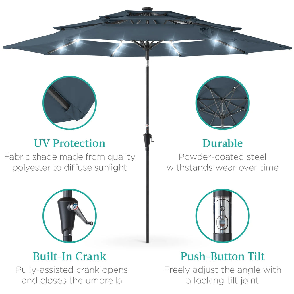 Best Choice Products 10ft 3-Tier Solar Patio Umbrella w/ 24 LED Lights, Tilt Adjustment, Easy Crank - Tan