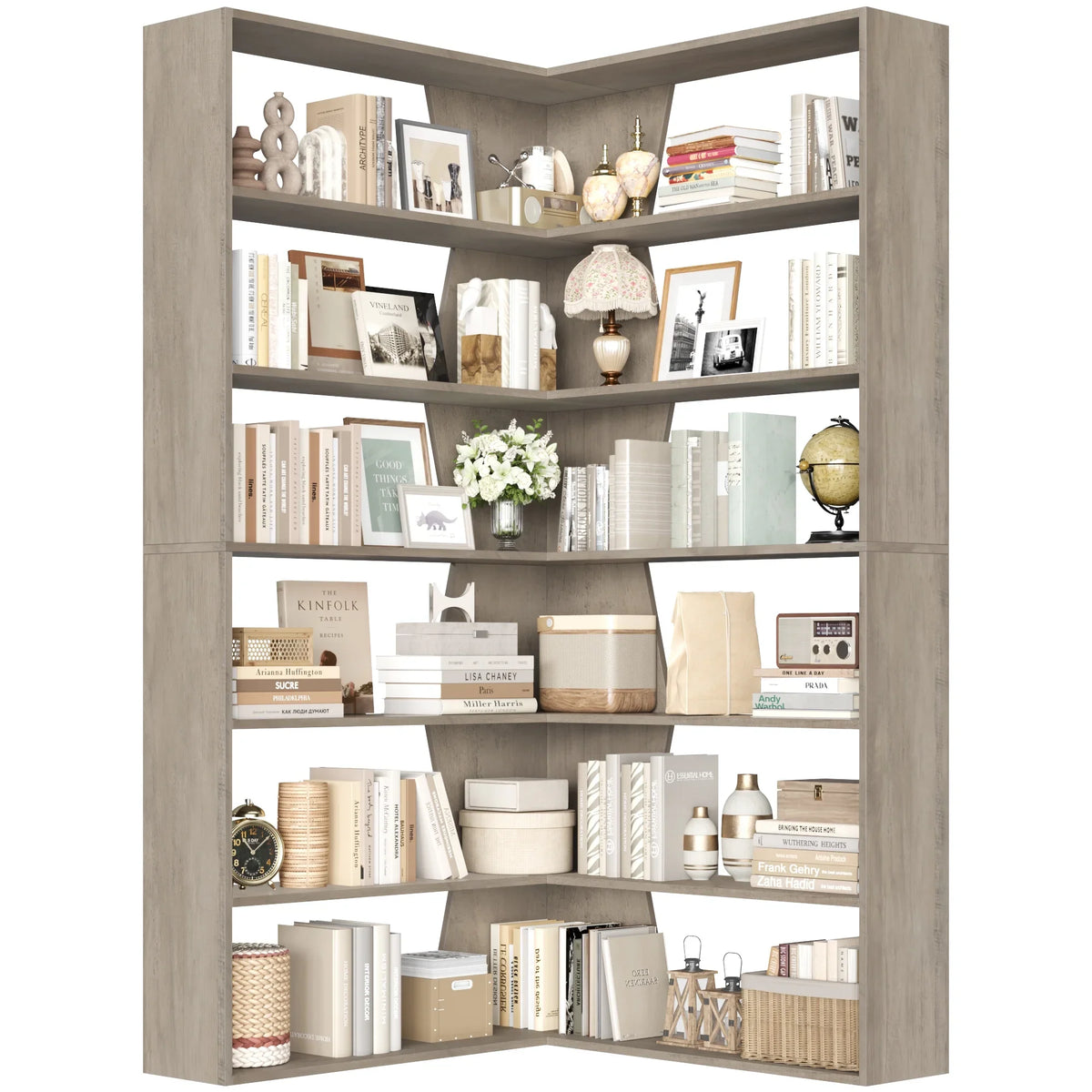 Homfa 6-Tier Corner Bookcase, L-Shaped Bookshelf with Baffle, Storage Display Rack for Office Living Room, Gray