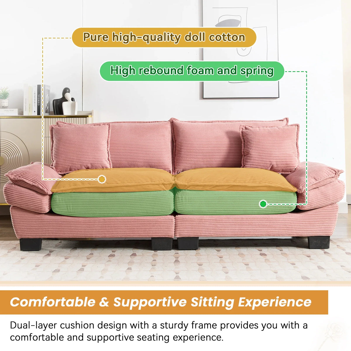 Dinosisco 84"L Deep Seat Sofa, Corduroy Upholstered Sleeper Couch for Living Room, Pink