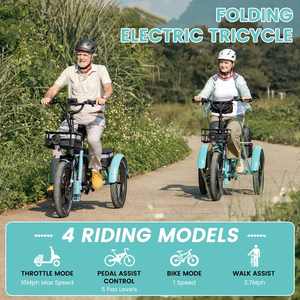 MOONCOOL TK1 Folding Electric Tricycle for Adults,48V 14.5Ah Removable battery, 500W"Peak 1000w"Motor, 20" Fat Tire Step-Thru 3Wheel Electric Bicycle w/Front&Rear Baskets, Certified to UL 2849 by SGS