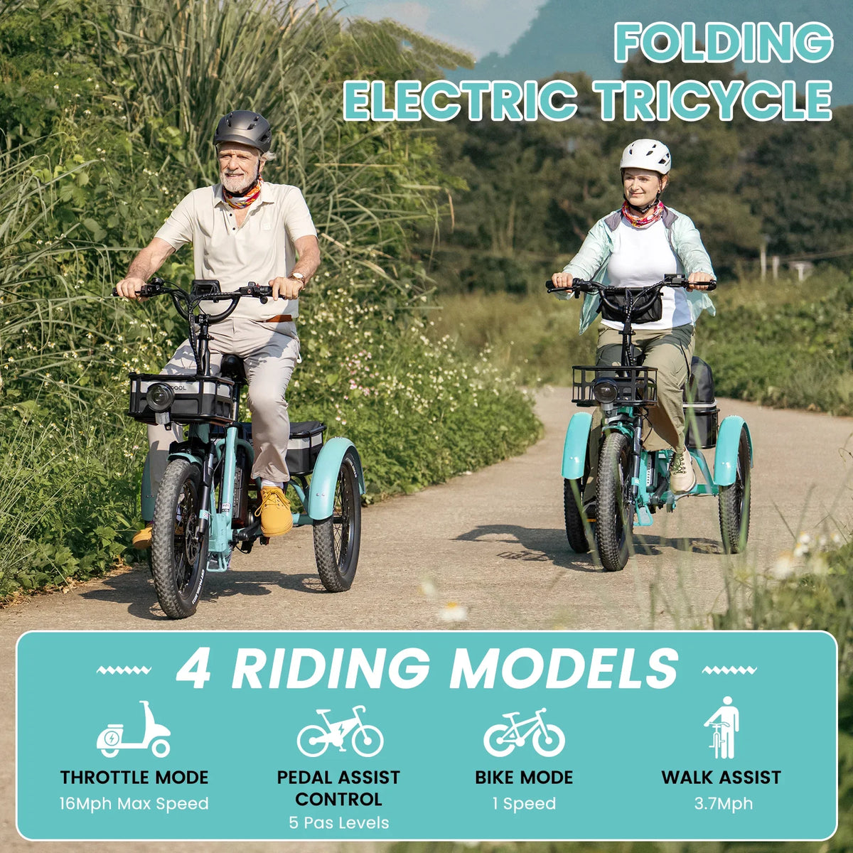 MOONCOOL TK1 Folding Electric Tricycle for Adults,48V 14.5Ah Removable battery, 500W"Peak 1000w"Motor, 20" Fat Tire Step-Thru 3Wheel Electric Bicycle w/Front&Rear Baskets, Certified to UL 2849 by SGS