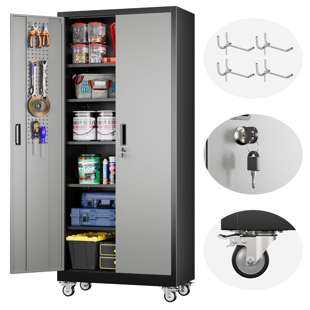 GangMei 71 inches Tall Metal Rolling Garage Storage Cabinets with Locking Doors and 5 Adjustable Shelves, Metal Storage Cabinet for Garage, Office, Home, Classroom, Assemble Required(Black)