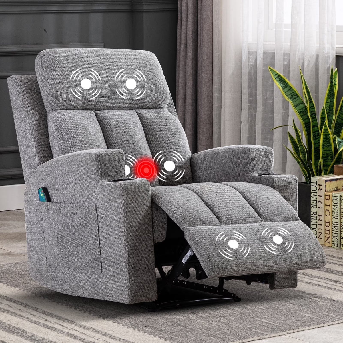 Bonzy Home Heated Manual Massage Recliner with Cup Holder Padded Breathable Fabric Recliner, Home Theater Seating"Navy
