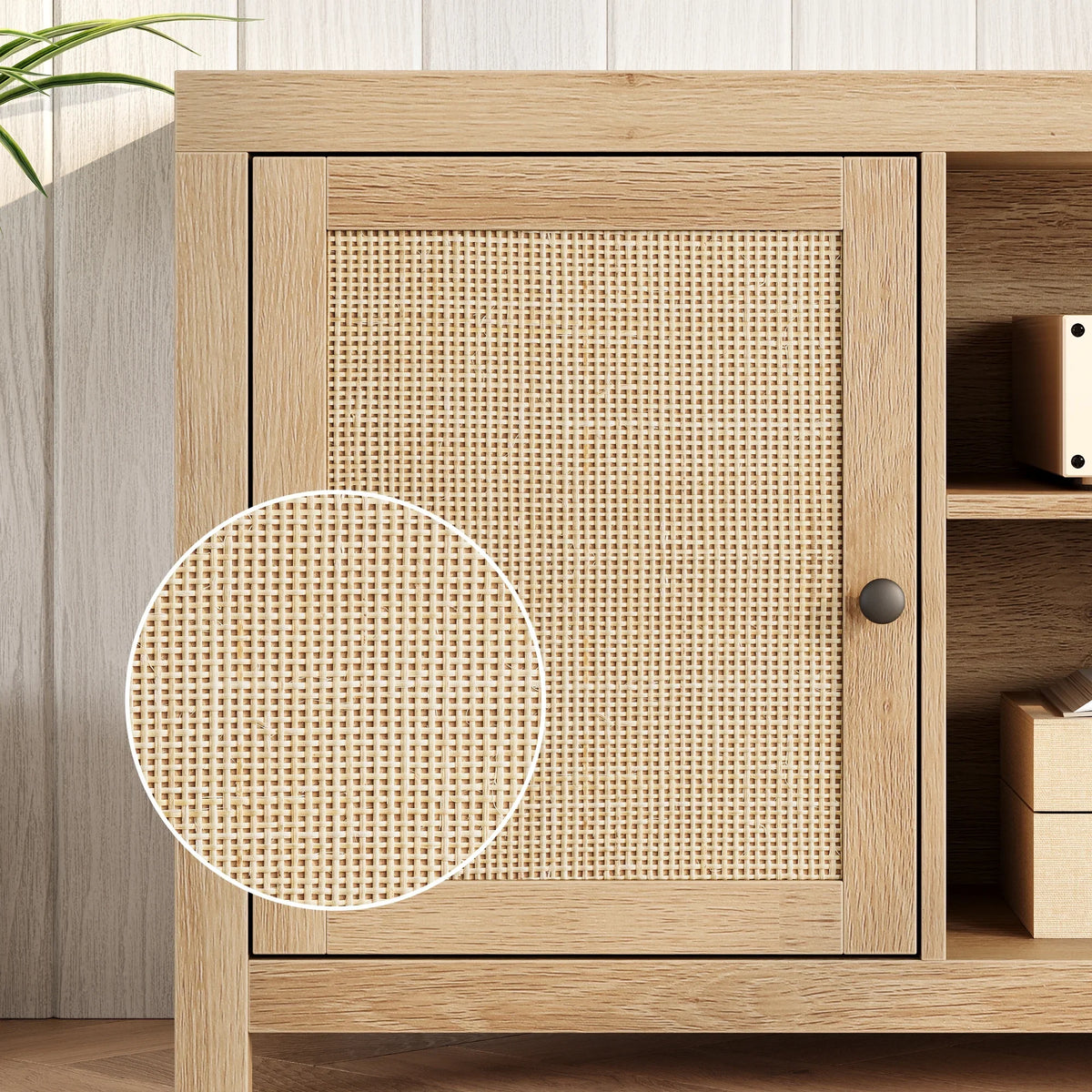 Rattan TV Stand for 65 Inch, Boho Entertainment Center with Storage and Doors, Wood TV & Media Console Under TV Cabinet Furniture for Living Room