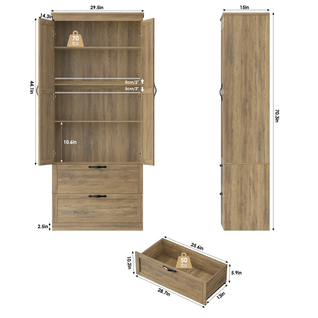 Homfa 70.3"H Bathroom Storage Cabinet, Farmhouse Linen Storage Cabinet with 2 Drawers, White