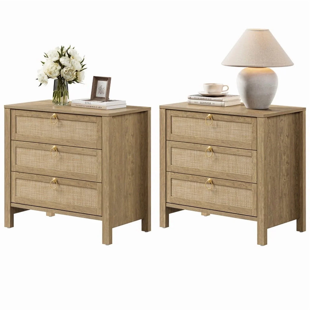 Surmoby Oak Boho 3-Drawer Nightstand Set of 2 - Extra Wide Storage Night Stand with Gold Handles Large&Tall Bed Side Table for Bedroom Living Room Enterway