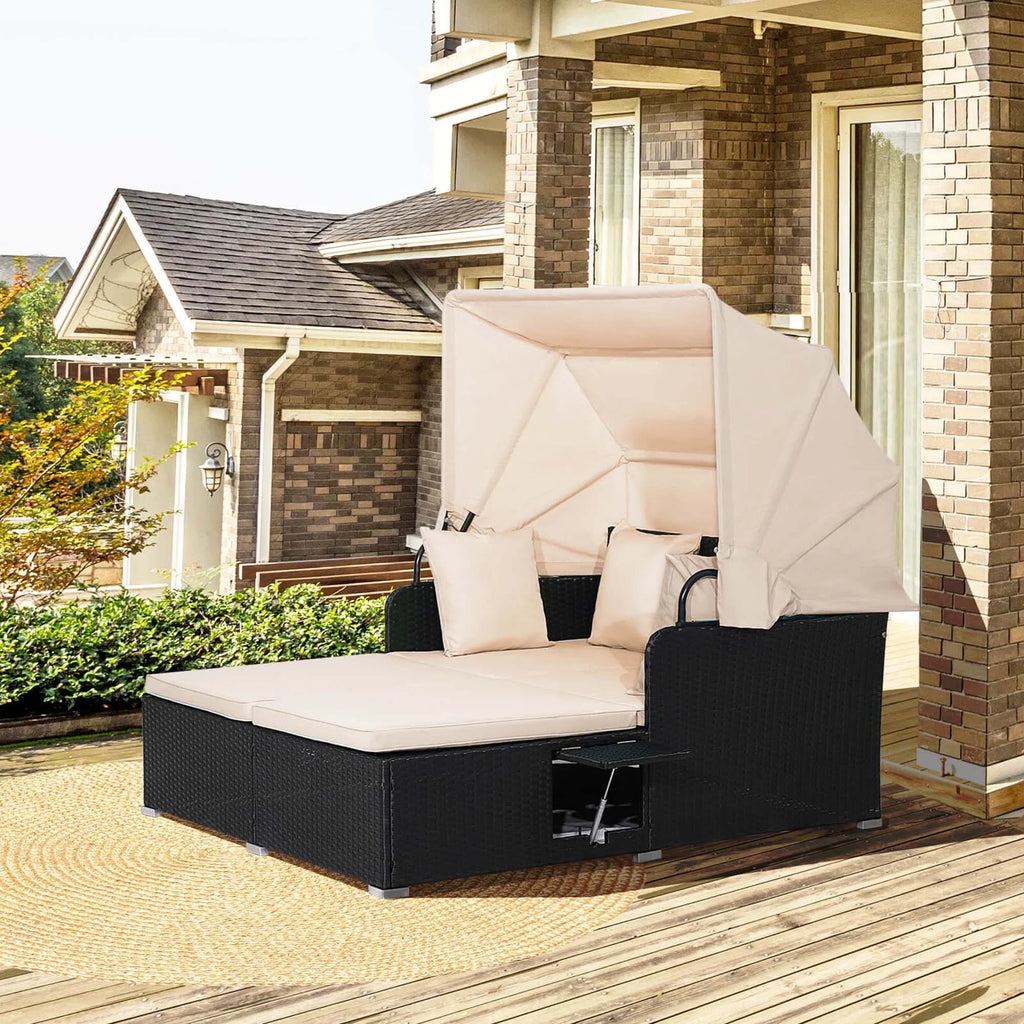 Costway Patio Rattan Daybed Lounge Retractable Top Canopy Side Tables Cushions Red