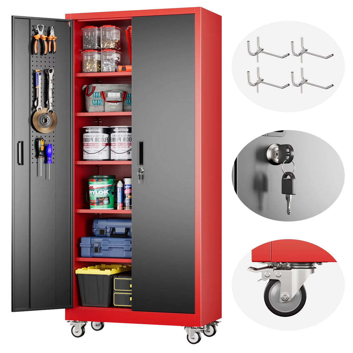GangMei 71 inches Tall Metal Rolling Garage Storage Cabinets with Locking Doors and 5 Adjustable Shelves, Metal Storage Cabinet for Garage, Office, Home, Classroom, Assemble Required(Black)