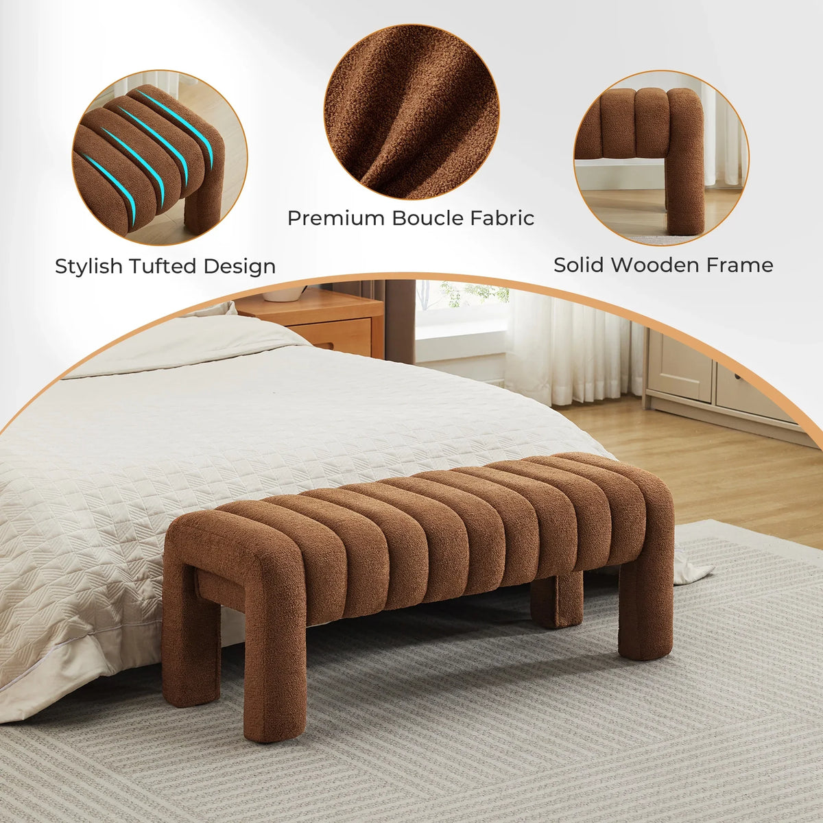 Zesthouse 63" End of Bed Bench, Linen Tufted Upholstered Ottoman Bench with Padded Seat and Solid Wood Leg, Modern Entryway Bench for Bedroom, Living Room, Beige