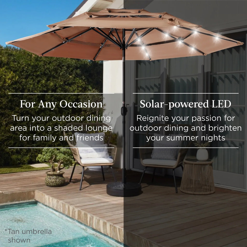 Best Choice Products 10ft 3-Tier Solar Patio Umbrella w/ 24 LED Lights, Tilt Adjustment, Easy Crank - Tan