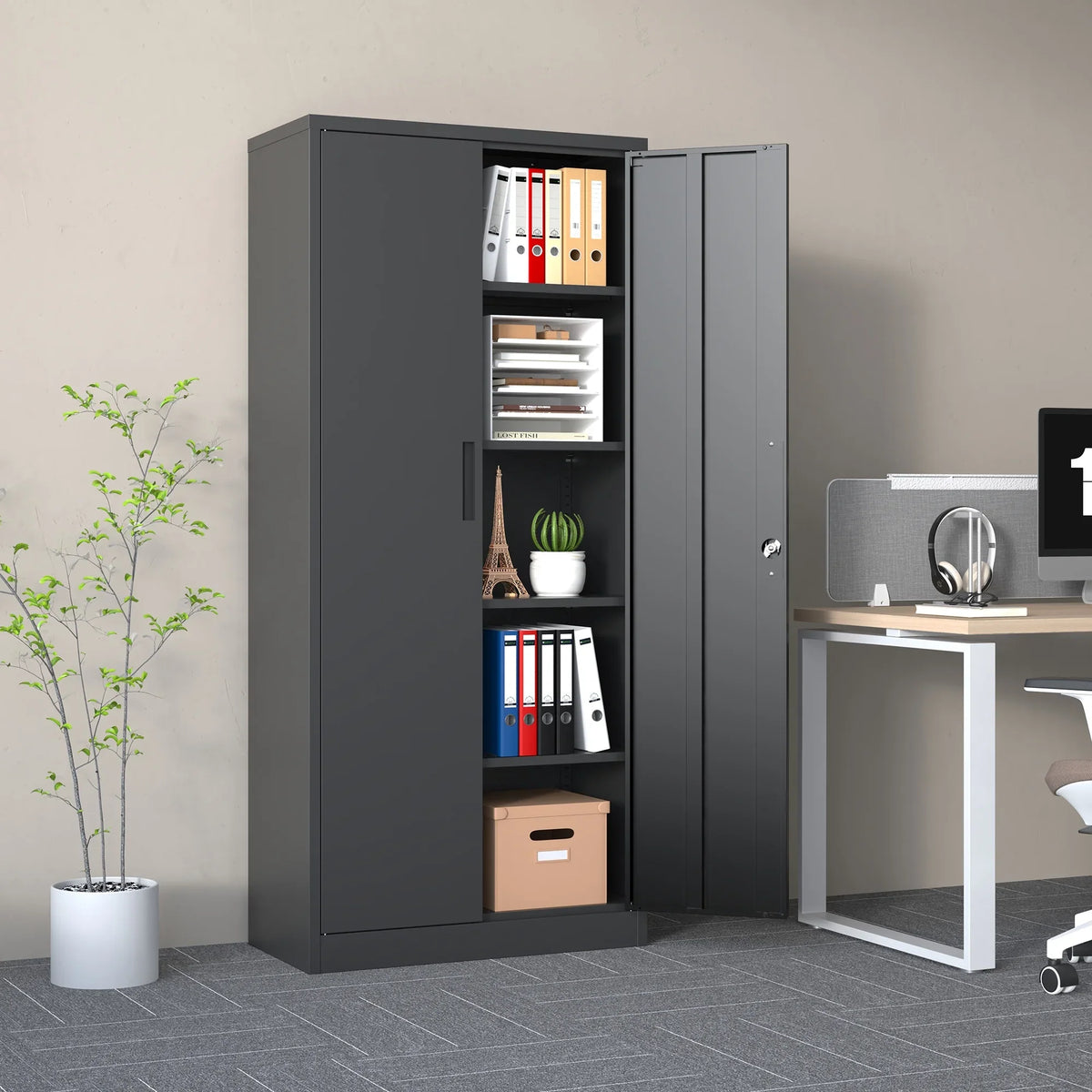 Garage Storage Cabinet with Doors and 4 Adjustable Shelves, Alvantor 72" Tall Metal Garage Cabinet, Lockable Tool Storage Cabinets for Garage, Home, Office Black