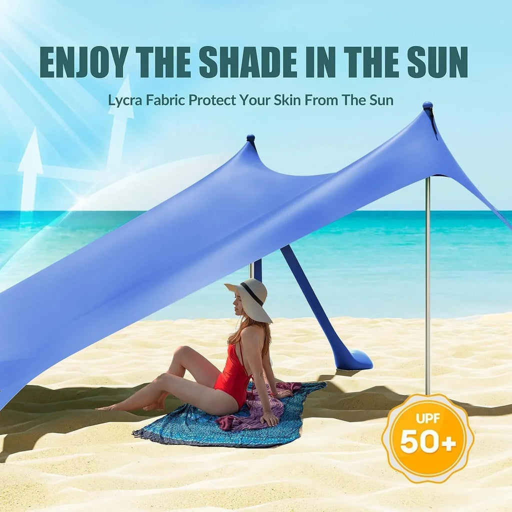 Beach Tent Canopy with 8 Sandbags 4 Aluminum Poles, Pop Up Portable Camping Sun Shelter, Easy Set Up with 2 Sand Shovel, Ground Pegs, Carrying Bag for Outdoor Beach,Picnic, Fishing