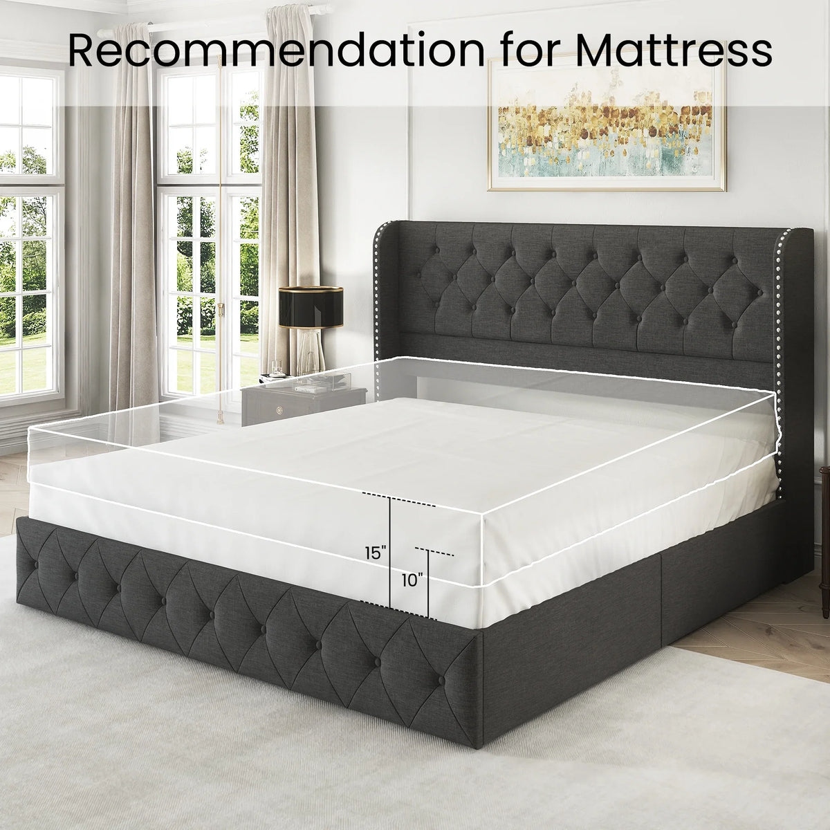 LARMACE Queen Size Platform Bed Frame with 4 Storage Drawers and Tufted Headboard Linen Upholstered Bed Wingback Bed Frame with Wooden Slats Support, Easy Assembly, Light Grey