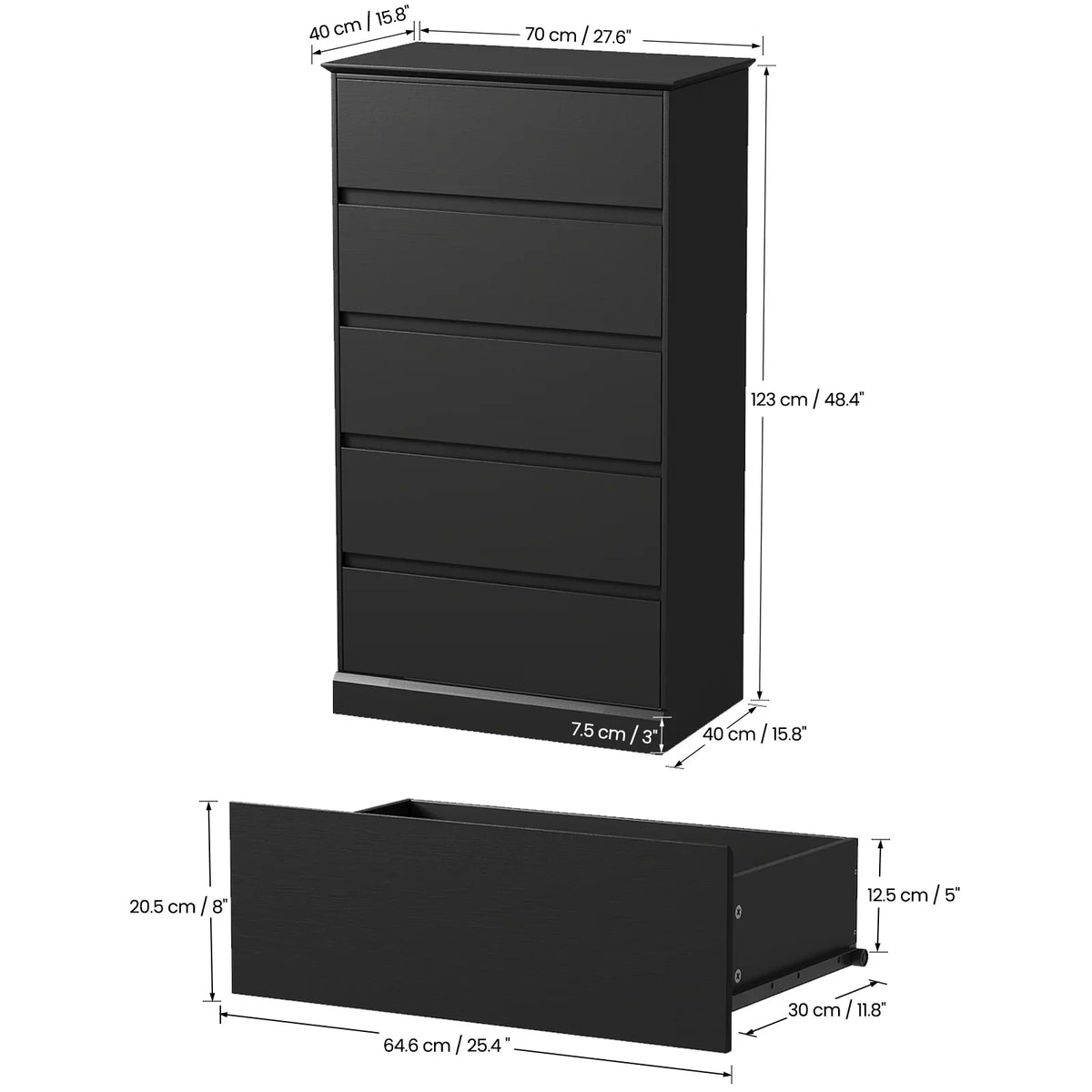 2 PCS Dresser for Bedroom, 5 Drawer Dresser Black Chest of Drawers for Living Room Dressing Room Entryway -2PCS