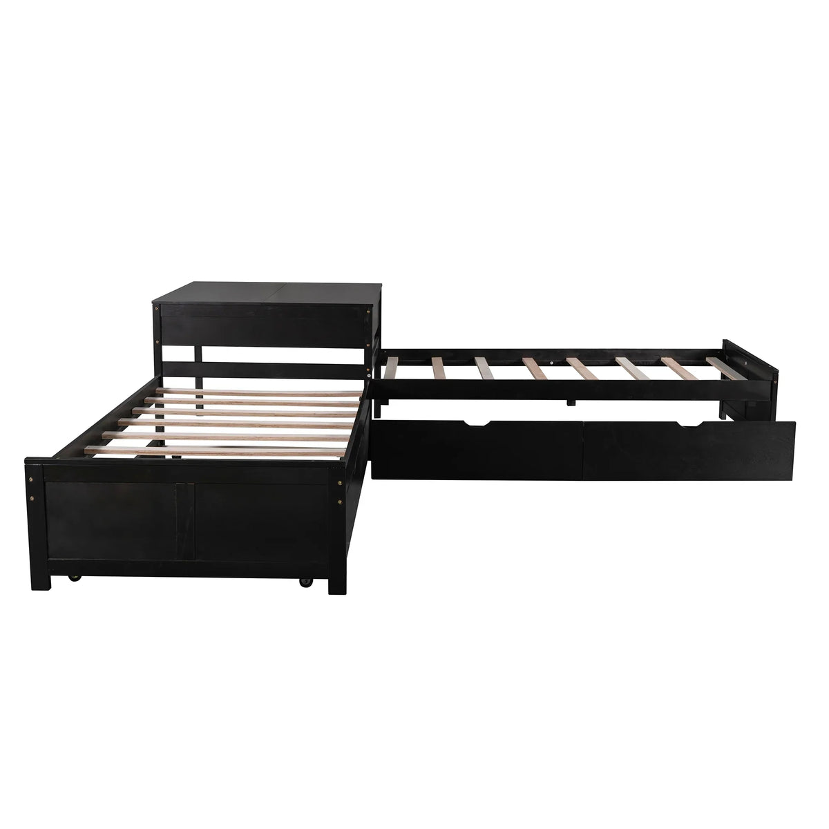 Euroco Wood Twin Size L-Shaped Platform Bed with Square Storage Table for Kids Teens, 2 Platform Beds with Trundle and Drawers for Living Room, 3 Twin Beds, Gray