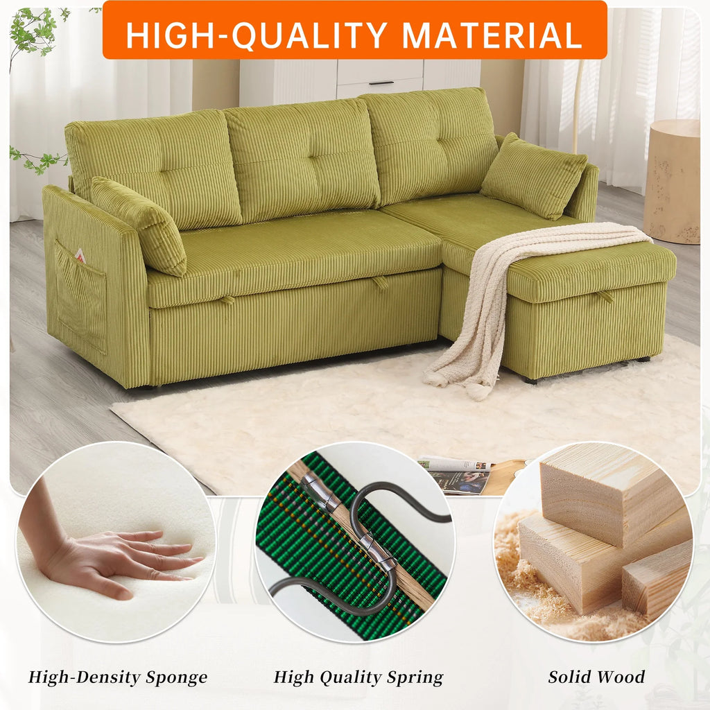 Villeston L-Shaped 3-Seat Sofa with Pull-Out Bed, with Storage Chaise Couch for Living Room, Chenille Fabric,Olive