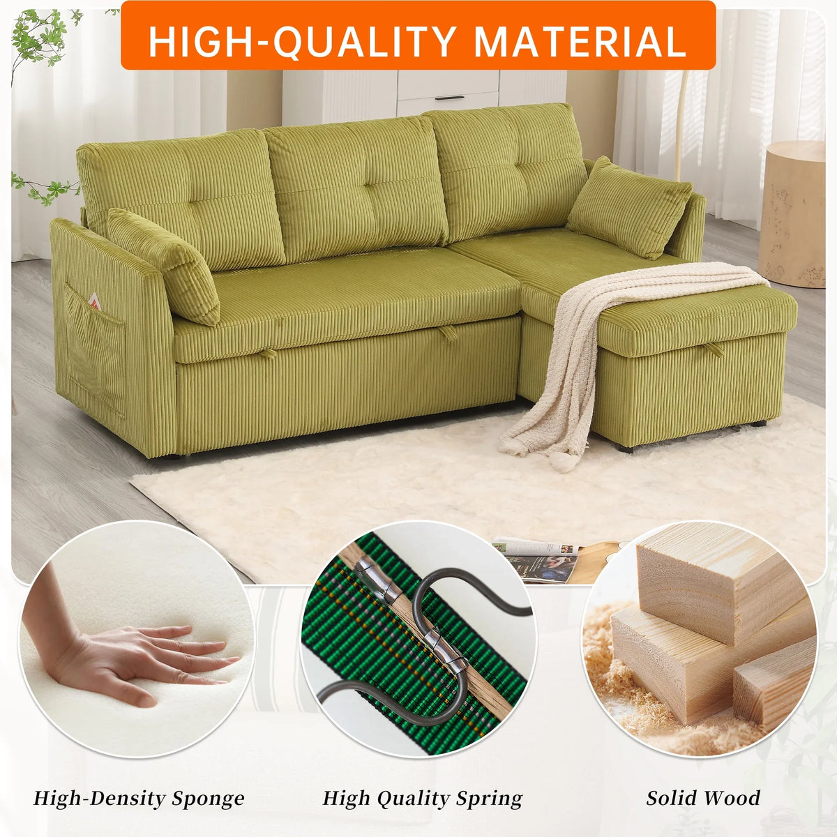 Villeston L-Shaped 3-Seat Sofa with Pull-Out Bed, with Storage Chaise Couch for Living Room, Chenille Fabric,Olive