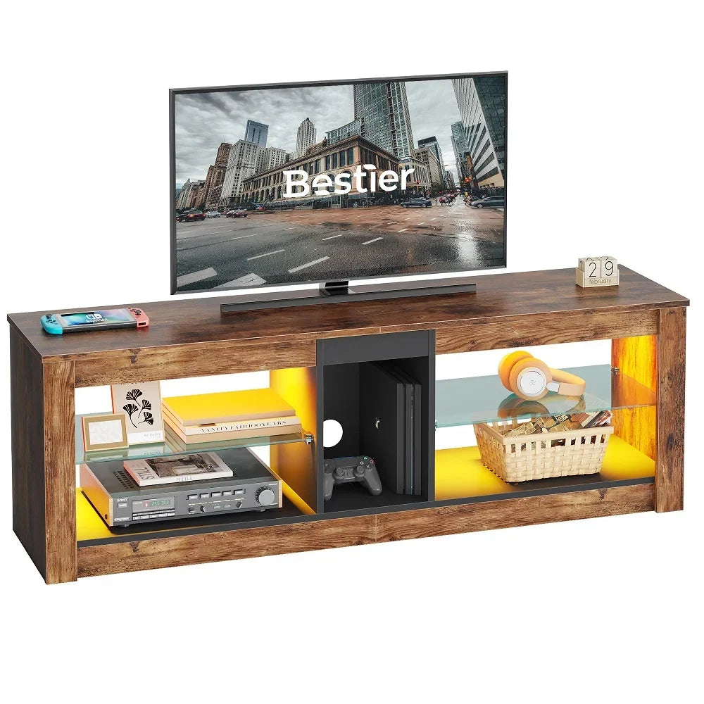 Bestier Entertainment Center with LED Lights TV Stand Media Console Table for TVs up to 60" in Light Grey