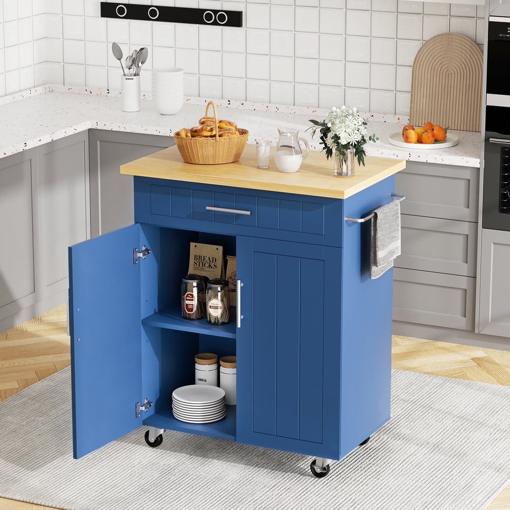 Walsunny Kitchen Island Table Stand with Storage on Wheels,Rolling Kitchen Cart Storage Cabinet with Drawer,White