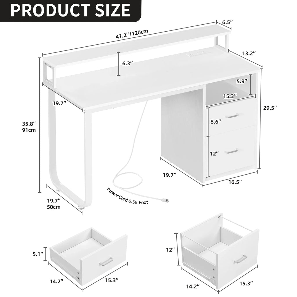 Dextrus 47 inch Computer Desk with Storage Drawers & LED Light, Office Desk with Monitor Stand & Power Outlets, Work Study PC Desk for Small Spaces, Home Office, Oak