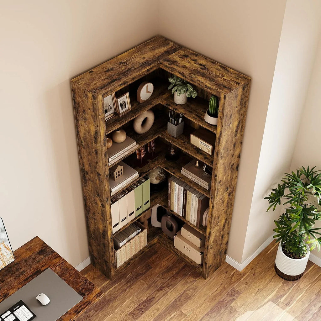 Studyset Corner Bookshelf Farmhouse Corner Bookcase 71.8'' Tall Bookcase, L-Shaped Large Display Shelf 5 Tier L-Shaped Bookshelf Large Shelf w/Anti-Tipping Kit, Bookcases with Storage Heavy Duty