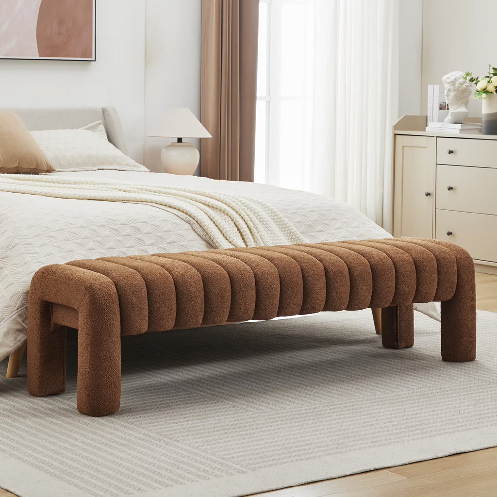 Zesthouse 63" End of Bed Bench, Linen Tufted Upholstered Ottoman Bench with Padded Seat and Solid Wood Leg, Modern Entryway Bench for Bedroom, Living Room, Beige