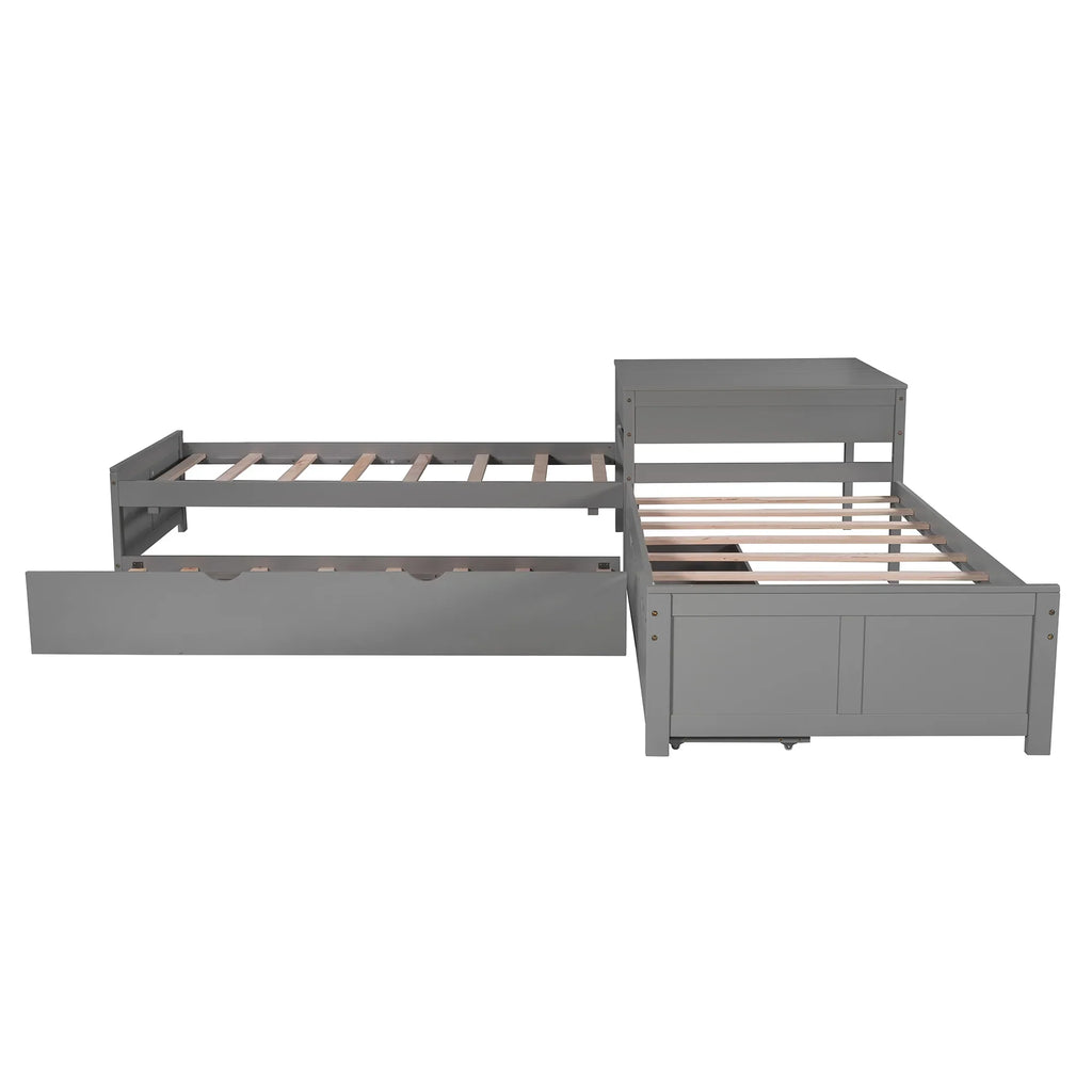 Euroco Wood Twin Size L-Shaped Platform Bed with Square Storage Table for Kids Teens, 2 Platform Beds with Trundle and Drawers for Living Room, 3 Twin Beds, Gray