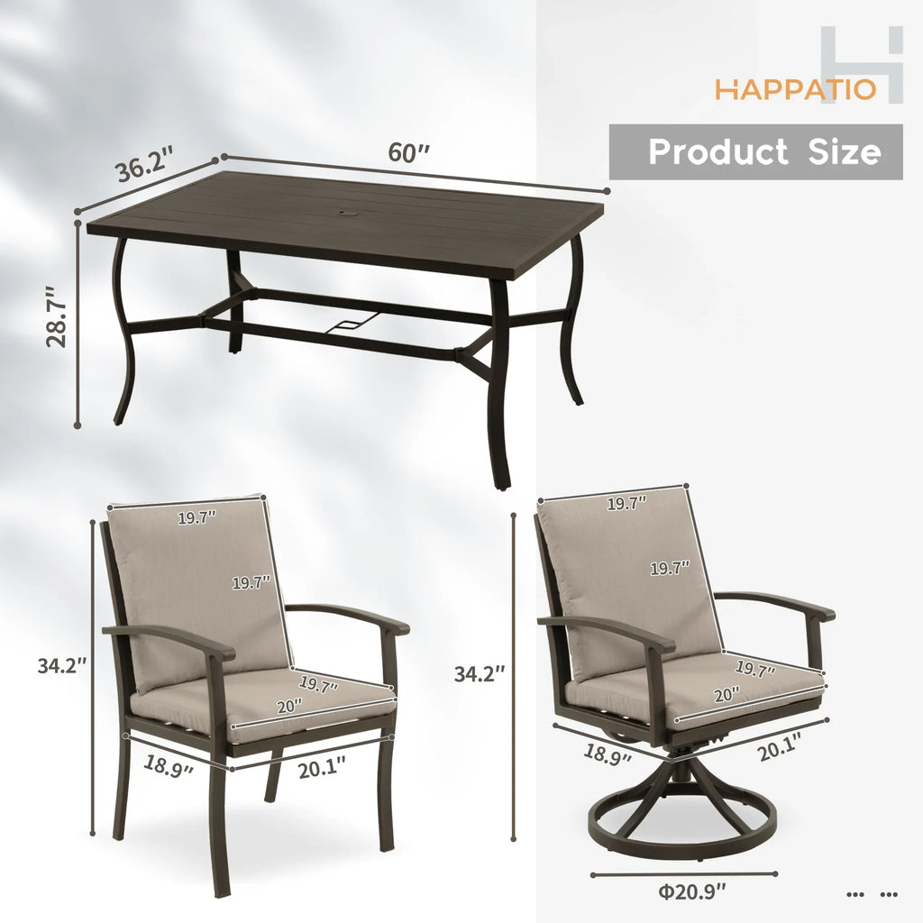 HAPPATIO 7 Piece Patio Dining Set, Aluminum Outdoor Dining Set for 6, Aluminum Dining Table and Chairs Set, Patio Dining Furniture with Aluminum Table, Chairs and Washable Cushions (Gray)