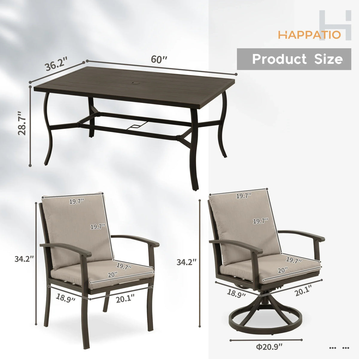 HAPPATIO 7 Piece Patio Dining Set, Aluminum Outdoor Dining Set for 6, Aluminum Dining Table and Chairs Set, Patio Dining Furniture with Aluminum Table, Chairs and Washable Cushions (Gray)