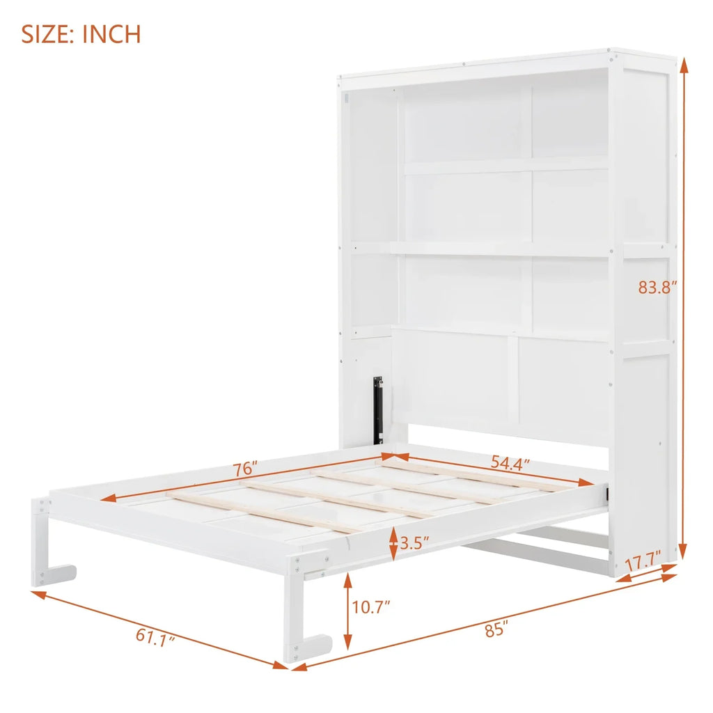 Harper & Bright Designs Full Size Murphy Bed with Shelves, Foldable Wall Bedframe w/Flexible Slats Support, Space-Saving Design, Can Be Folded Into Cabinet, White