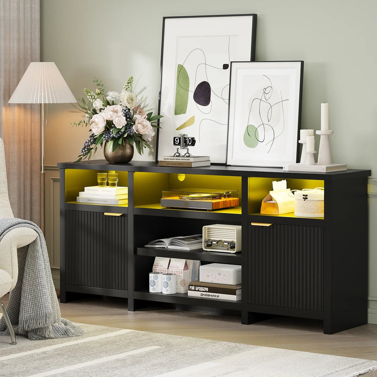 Planntonneo Mid-Century Modern Fluted TV Stand Wooden Media Console Entertainment Center for Living Room, Walnut Color