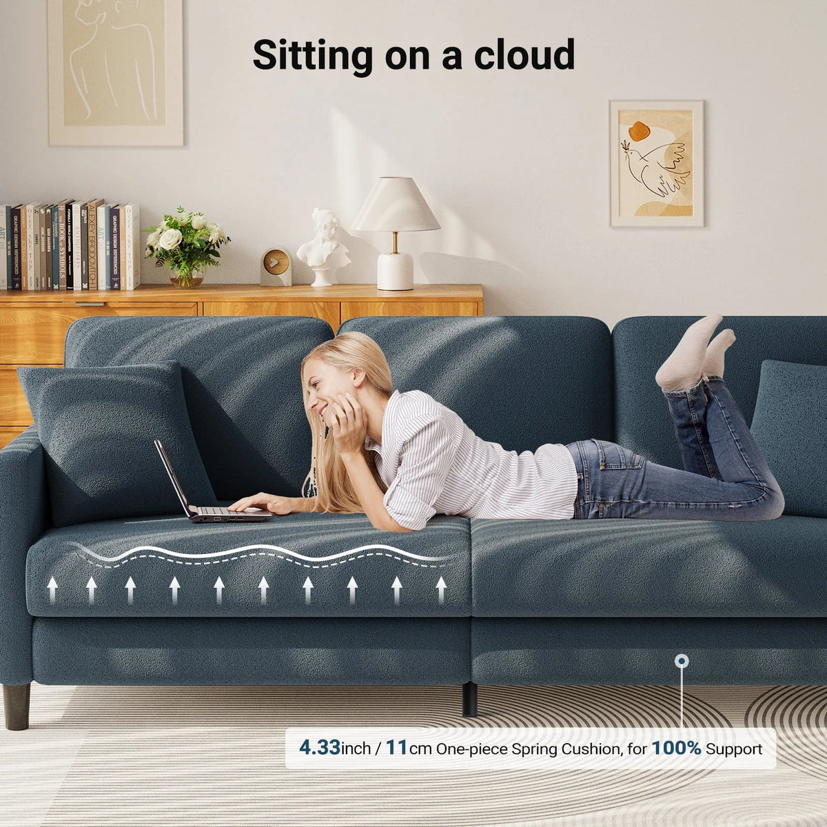 83" Comfortable Upholstered Sofa, 3 Seater Couch for Living Room, Neche Big Loveseat with Extra Deep Seats, 2 Pillows, Beige White