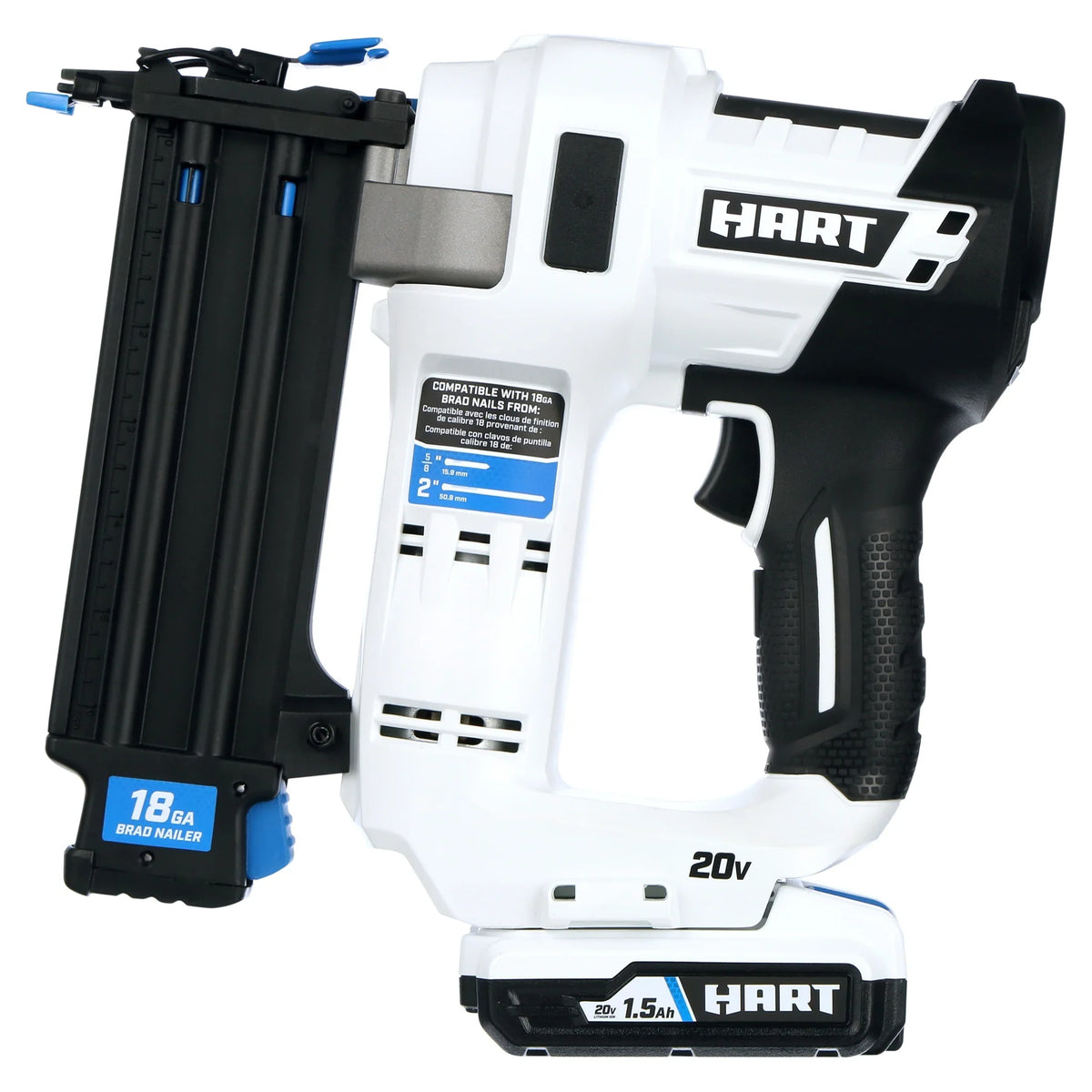 HART 20-Volt 2-inch 18-Gauge Battery-Powered Brad Nailer Kit, (1) 1.5Ah Lithium-Ion Battery
