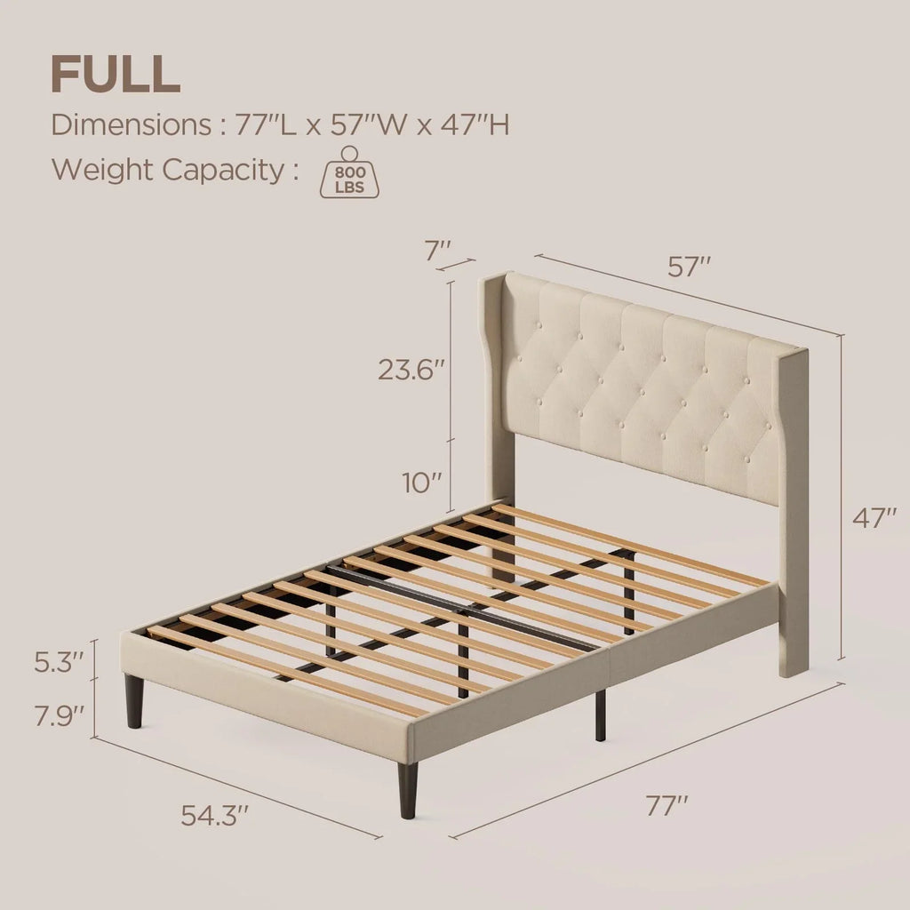 Full Size Bed Frame with Headboard, Under-Bed Storage, 850lbs, Beige
