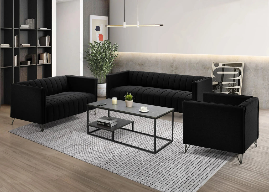 Home Design Kurtis Square Arm Loveseat with Tufted Velvet Upholstery and Gold Metal Legs, Flared Arms, Modern Living Room Seating, Black