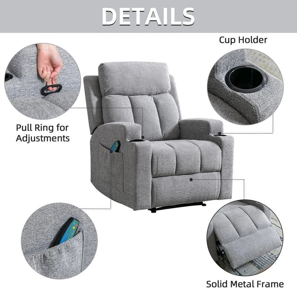 Bonzy Home Heated Manual Massage Recliner with Cup Holder Padded Breathable Fabric Recliner, Home Theater Seating"Navy