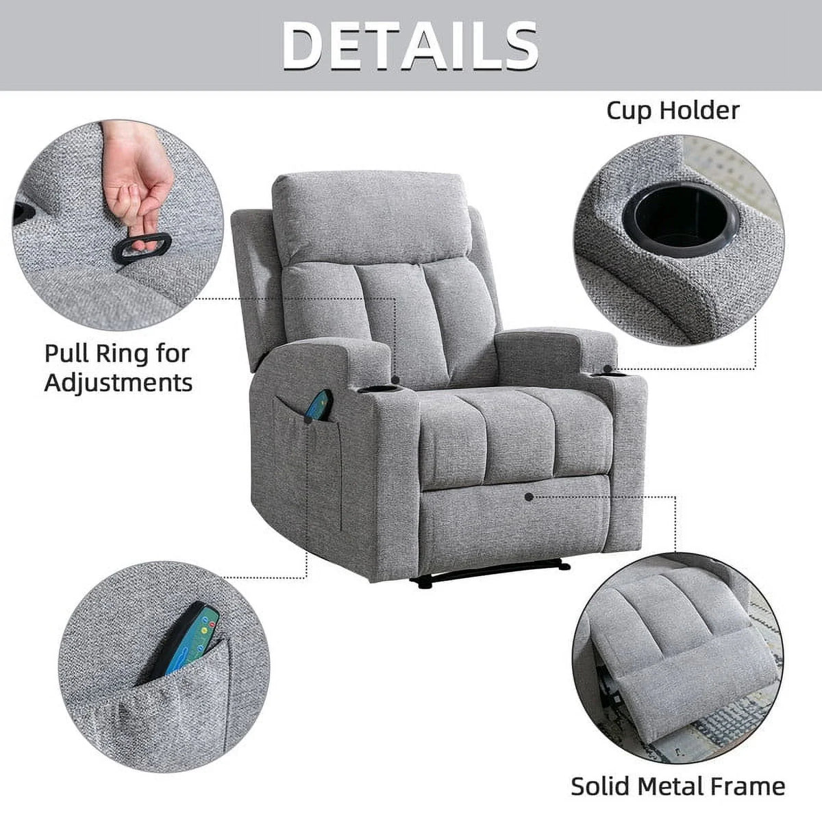 Bonzy Home Heated Manual Massage Recliner with Cup Holder Padded Breathable Fabric Recliner, Home Theater Seating"Navy