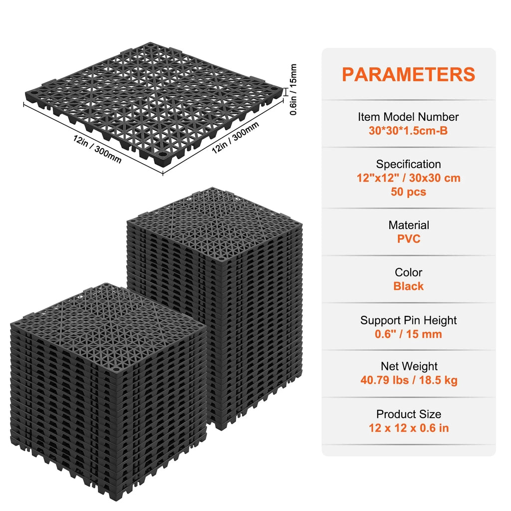 VEVOR Interlocking Tile 50PCS Black, Drainage Tiles 12" x 12" Splicing, Soft PVC Interlocking Drainage Floor Tiles, Non-Slip Drainage Holes for Restroom, Bathroom, Kitchen, Pool, Wet Areas