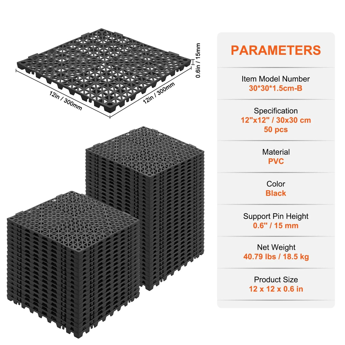 VEVOR Interlocking Tile 50PCS Black, Drainage Tiles 12" x 12" Splicing, Soft PVC Interlocking Drainage Floor Tiles, Non-Slip Drainage Holes for Restroom, Bathroom, Kitchen, Pool, Wet Areas