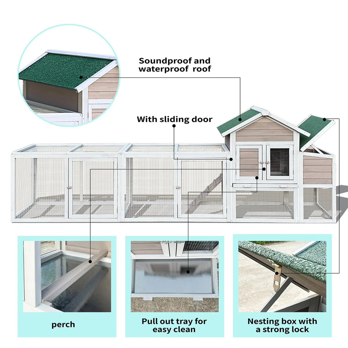 Pefilos 112" Large Outdoor Wooden Chicken Coop with Run, Slide-Out Tray, Rabbit Hutch Poultry Cage, Hen House with Nest Box, Gray