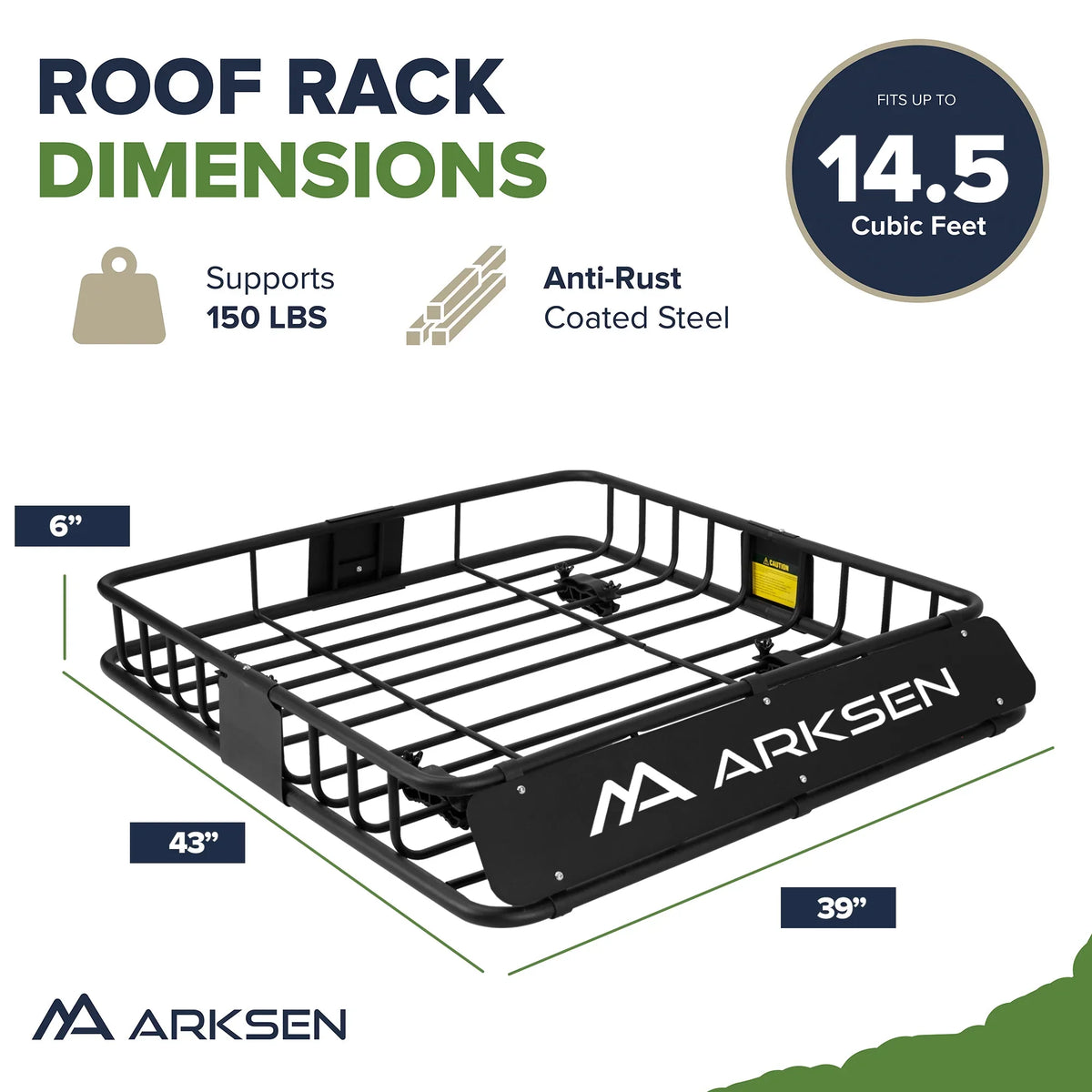 ARKSEN 43 x 39 x 6 inch Heavy Duty Roof Rack Cargo Carrier w/ 500D PVC Waterproof Cargo Bag, Universal Steel Roof Basket with Extension, 150 LBS Capacity Car Top Luggage Holder for SUV, Truck, Pickup