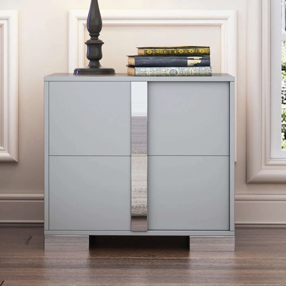 Elegant Nightstand with Metal Handle, Mirrored Bedside Table with 2 Drawers for Bedroom, Living Room, End Sofa Side Table for Living Room, Office, White