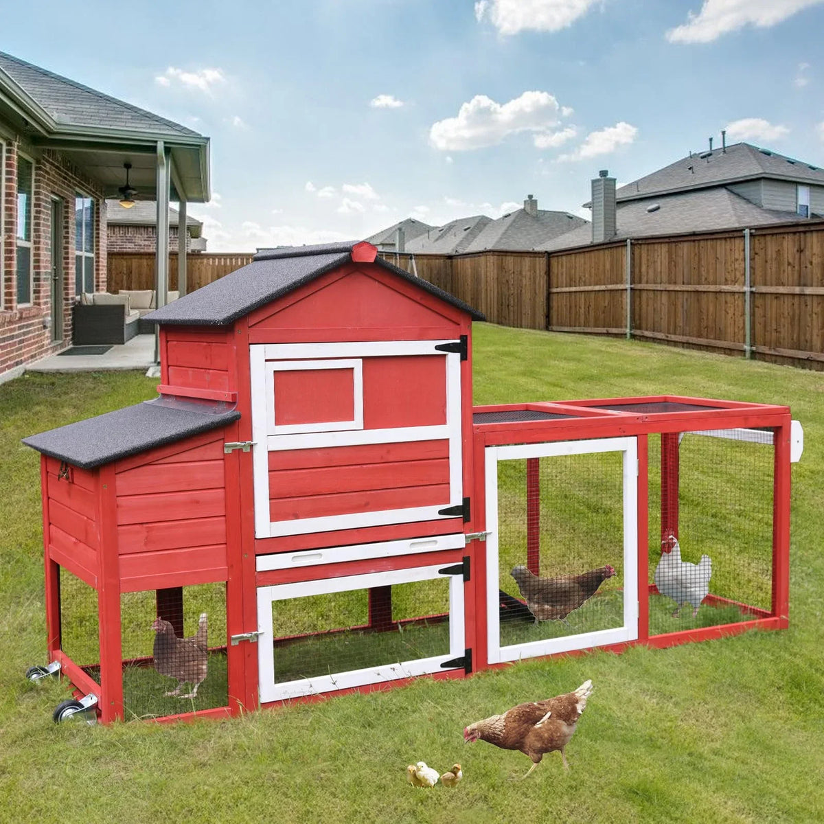 Aivituvin Mobile Chicken Coop with Wheels & Nesting Box for Outdoor, Expandable Wood Chicken House with Leakproof Pull-Out Tray and UV-Resistant Roof Panel, Gray