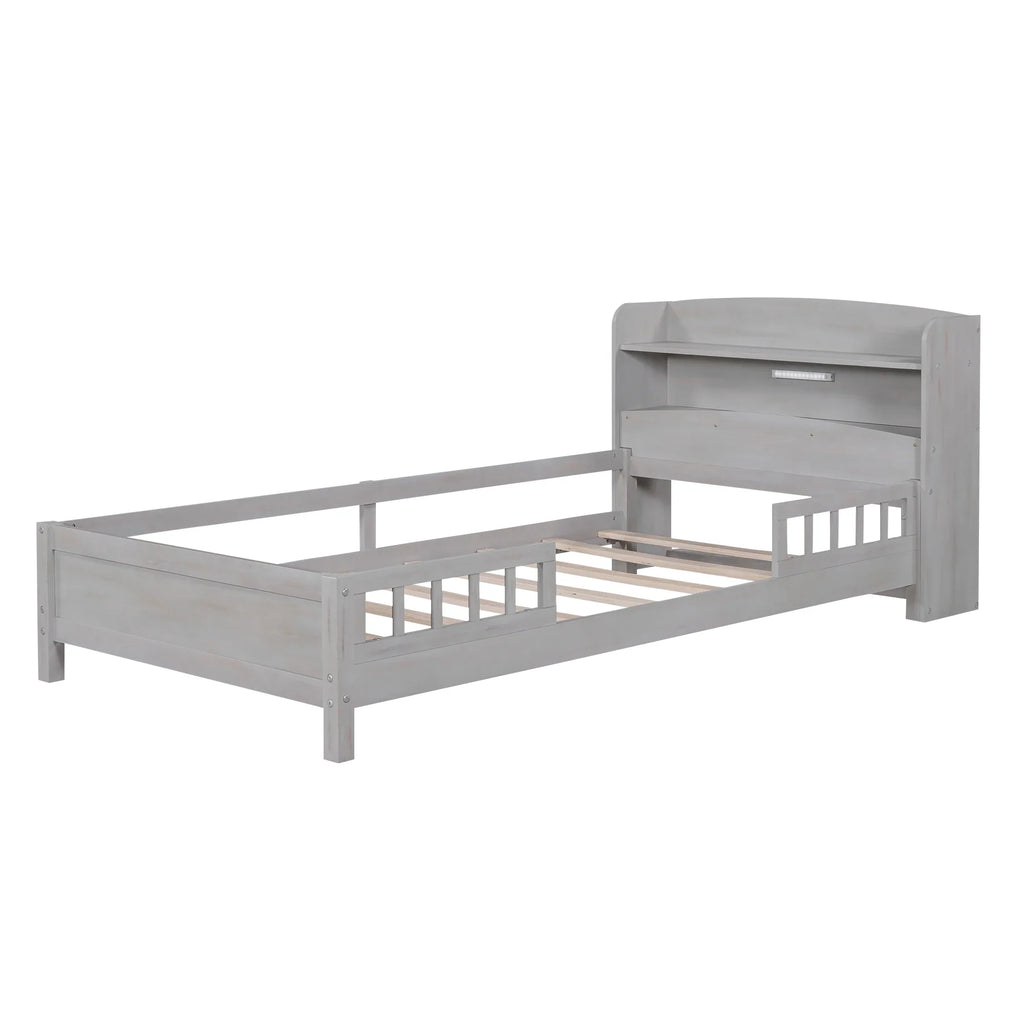 Euroco Wood Twin Size Platform Bed with Storage Headboard, Shelves and LED Light for Kids, Gray