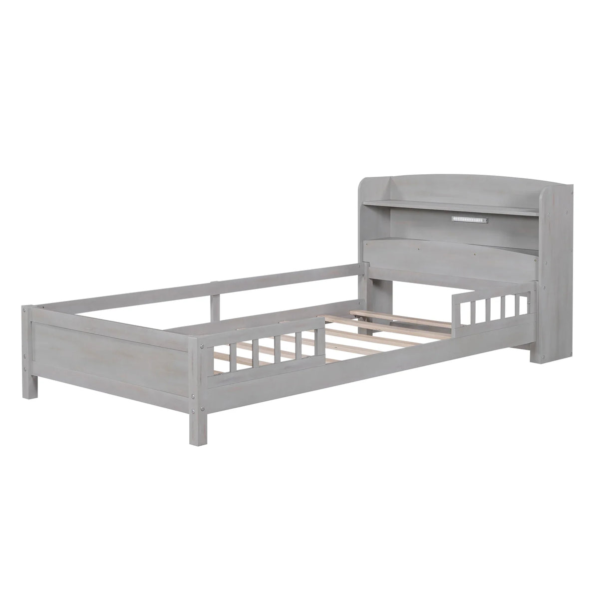 Euroco Wood Twin Size Platform Bed with Storage Headboard, Shelves and LED Light for Kids, Gray