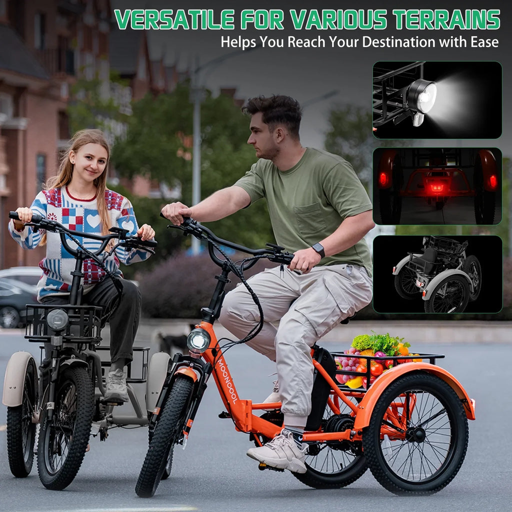 MOONCOOL TK1 Folding Electric Tricycle for Adults,48V 14.5Ah Removable battery, 500W"Peak 1000w"Motor, 20" Fat Tire Step-Thru 3Wheel Electric Bicycle w/Front&Rear Baskets, Certified to UL 2849 by SGS