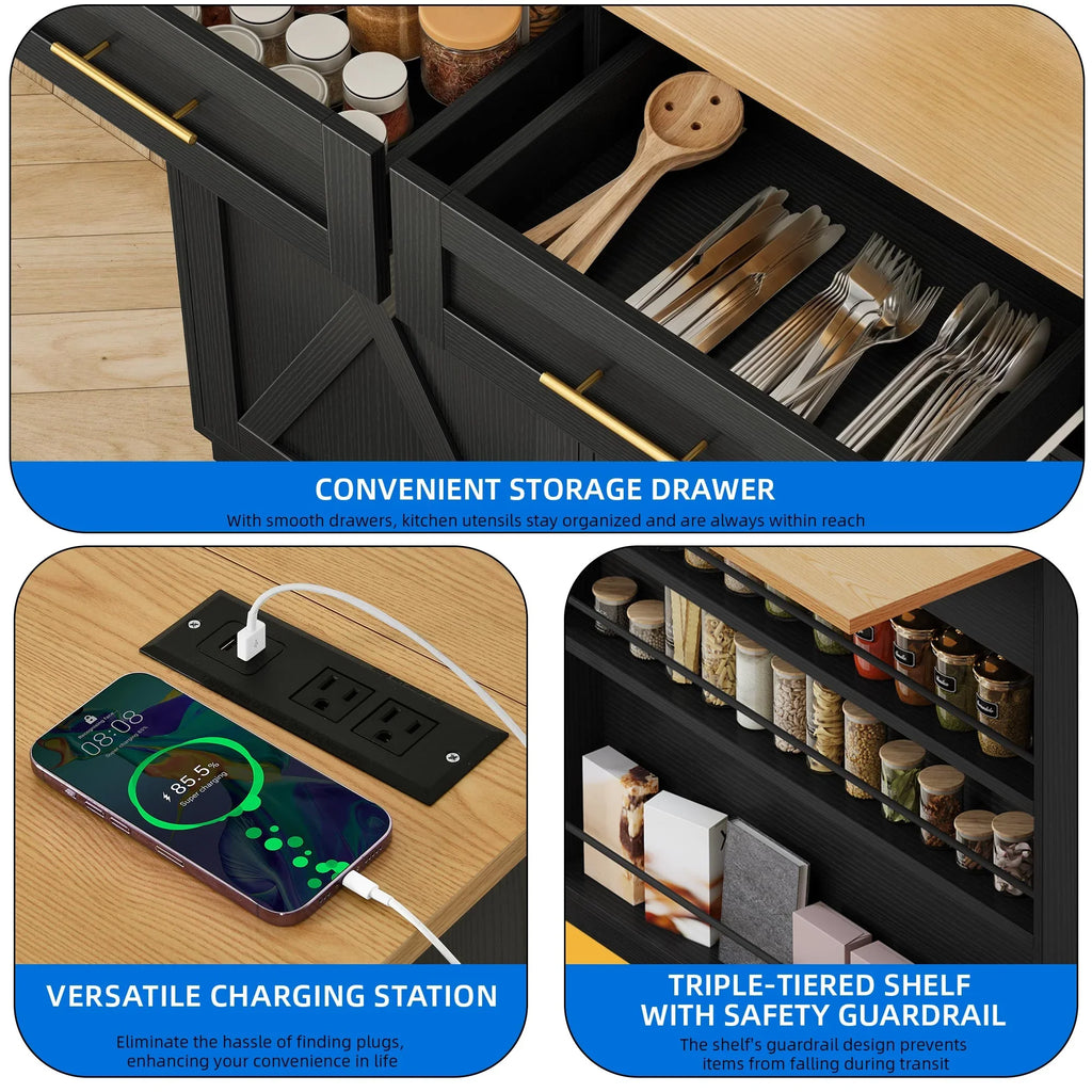 DEXTRUS Kitchen Island Cart with Drop Leaf & Power Outlets, Kitchen Island with 2 Trash Can Cabinets & Storage Shelves, Black