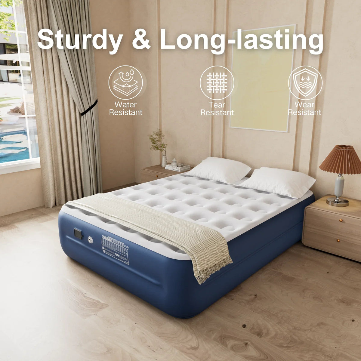 Luxury Queen Air Mattress with Built-In Battery Pump,Heavy-Duty Waterproof Veltex Surface for Indoor/Outdoor Use,Portable Inflatable Camping Bed & Guest Bed(Blue)